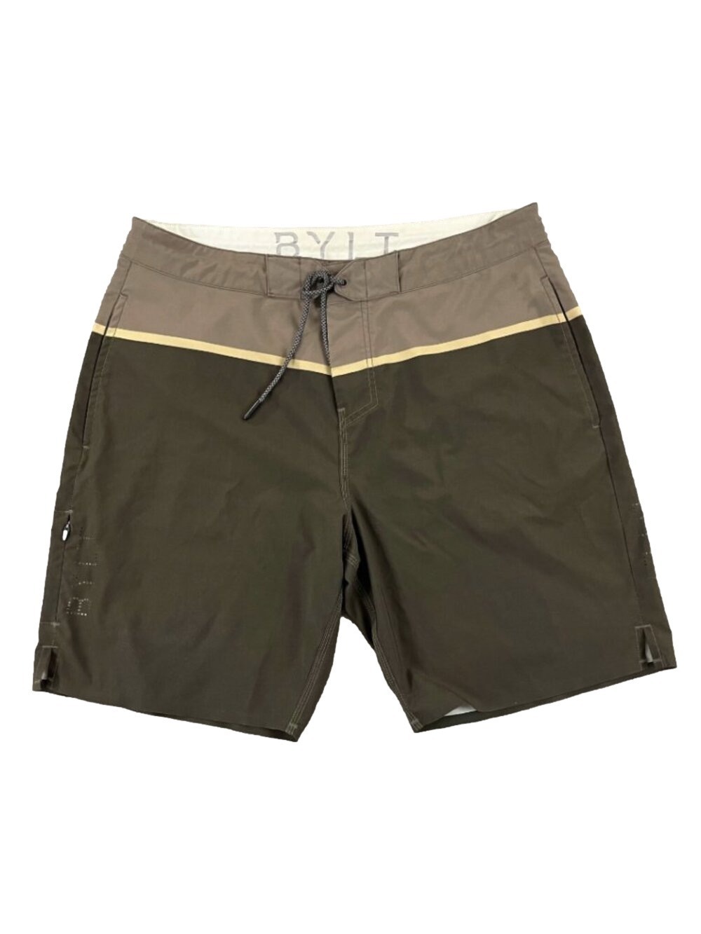 BYLT Men's Unlined Coastal Board Shorts in Neutral Brown Green 9" Inseam - Small